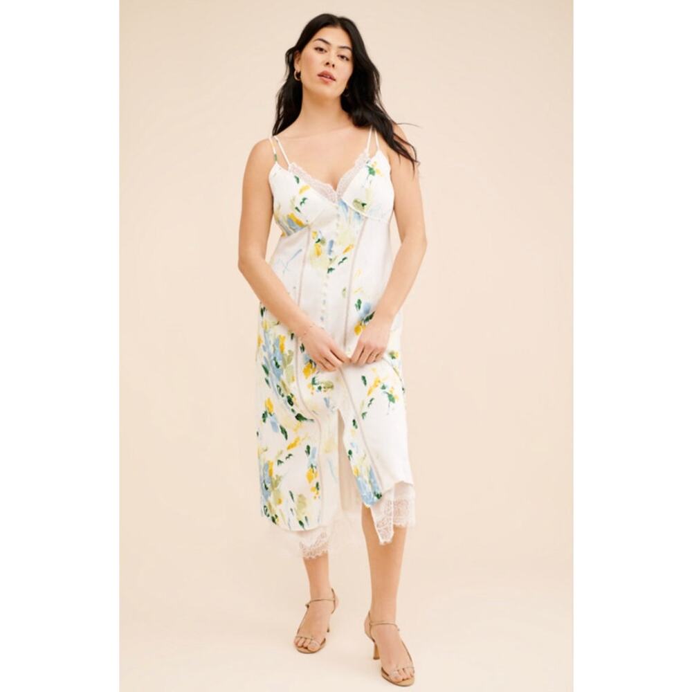 Anthropologie White Floral Slip Dress with Lace Trim